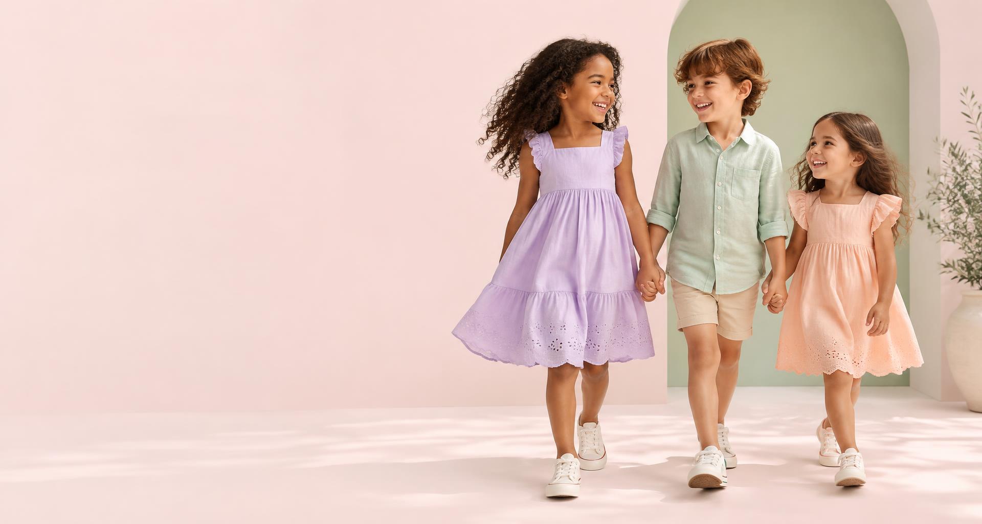 Crianças vestindo a coleção JP KIDS em lilás, verde e pêssego